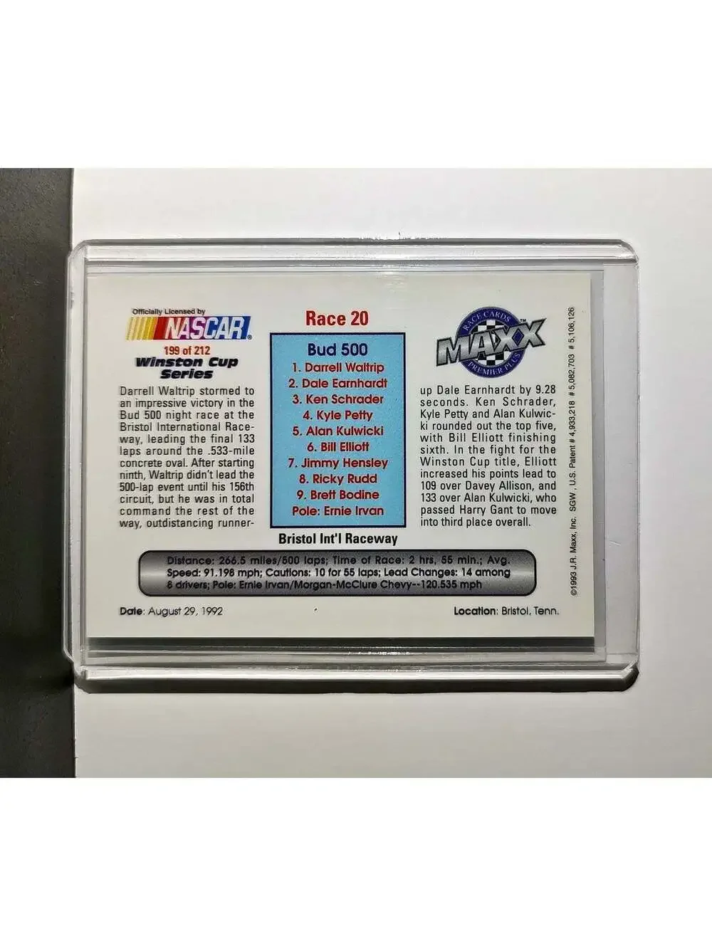 Race 20 Bristol YR 1993 Maxx Premier Plus Racing #199 NASCAR Card DARWAL Inc.